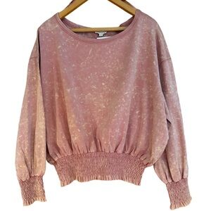 ODDY Pink Distress Color Long Sleeve Wide Neck Drop Balloon Sleeve Shoulder Top